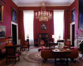 The Red Room as designed by Stéphane Boudin during the administration of John F. Kennedy.