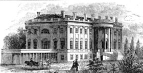Jefferson's West Colonnade is seen on the left of the residence in this nineteenth century engraved view. The West Colonnade originally concealed a stable and laundry room. Later it became the site of Franklin Roosevelt's swimming pool. President Nixon converted the space to the current Press Briefing Room.